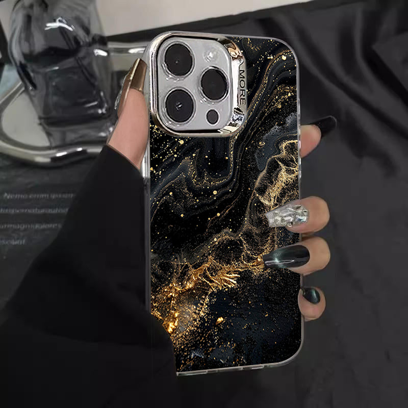 Luxury Black Marble iPhone Case with Gold Edges: Camera Protection & Durable Cover | MagSafe-Compatible for Apple iPhone 16/16e, 15, 14, 13, 12 Pro Max, Pro, Plus, Mini Cover - 3D Texture: Enhanced Grip | 360-Degree Camera Lens Protection Armor Case
