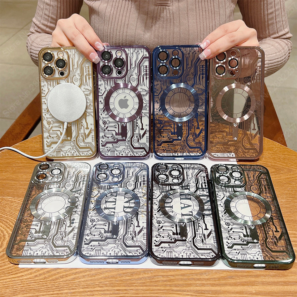 Premium Mechanical Watch Texture Design Magnetic MagSafe Transparent iPhone Case | 360-Degree Protection & Camera Lens Protection Case for Apple iPhone 16/15/14/13/12 Pro Max, Pro, Plus, e & Mini Cover | Shockproof Phone Case with Armor Shell Bumper Cover