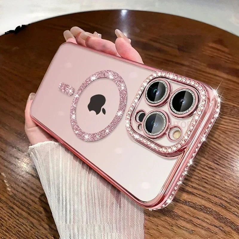Premium Luxurious Pink Diamond Glitter Gloss iPhone Case | MagSafe Case with Camera Lens Cover for Apple iPhone 16/15/14/13/12 Pro Max, Plus, Mini Cover | Armor Case, Bumper Cover Protective Case
