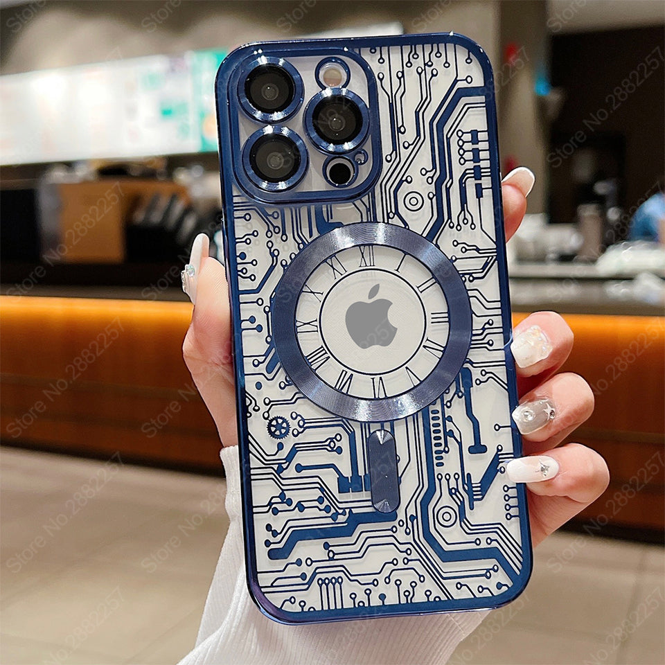 Premium Mechanical Watch Texture Design Magnetic MagSafe Transparent iPhone Case | 360-Degree Protection & Camera Lens Protection Case for Apple iPhone 16/15/14/13/12 Pro Max, Pro, Plus, e & Mini Cover | Shockproof Phone Case with Armor Shell Bumper Cover