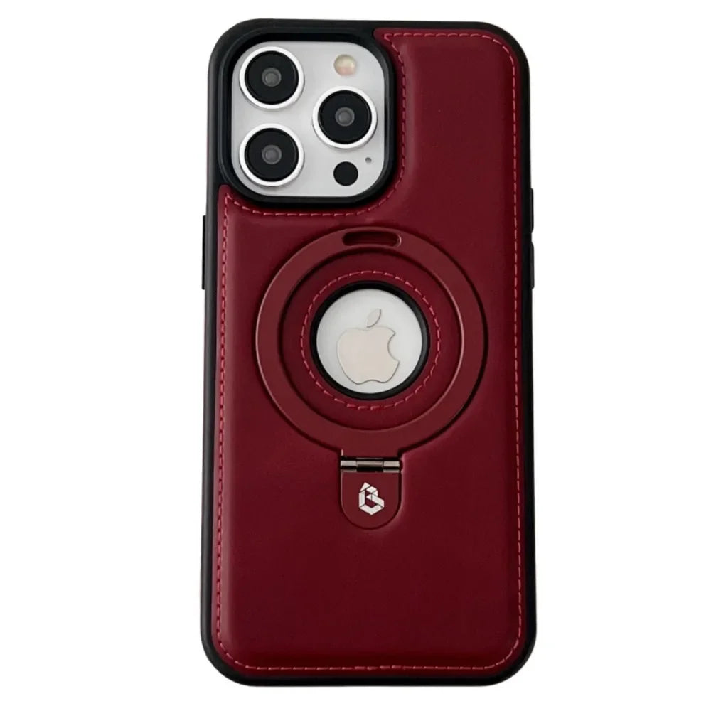 Premium Leather iPhone Case with Magnetic Ring Stand: 360-Degree Rotating Gyro Stand Function & Foldable Holder | MagSafe Case with 360-Degree Camera Lens Protection for Apple iPhone 16/16e, 15, 14, 13, 12 Pro Max, Pro, Plus, Mini Armor Protectiv Cover