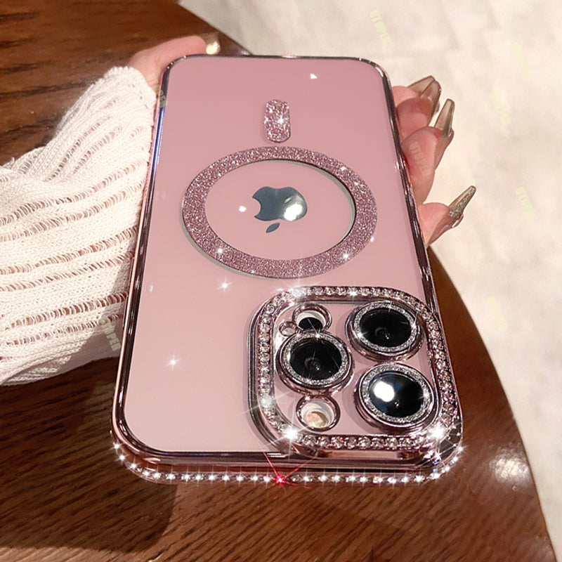 Premium Luxurious Pink Diamond Glitter Gloss iPhone Case | MagSafe Case with Camera Lens Cover for Apple iPhone 16/15/14/13/12 Pro Max, Plus, Mini Cover | Armor Case, Bumper Cover Protective Case