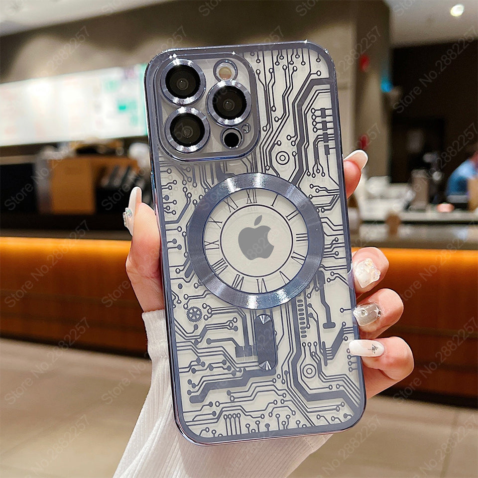 Premium Mechanical Watch Texture Design Magnetic MagSafe Transparent iPhone Case | 360-Degree Protection & Camera Lens Protection Case for Apple iPhone 16/15/14/13/12 Pro Max, Pro, Plus, e & Mini Cover | Shockproof Phone Case with Armor Shell Bumper Cover