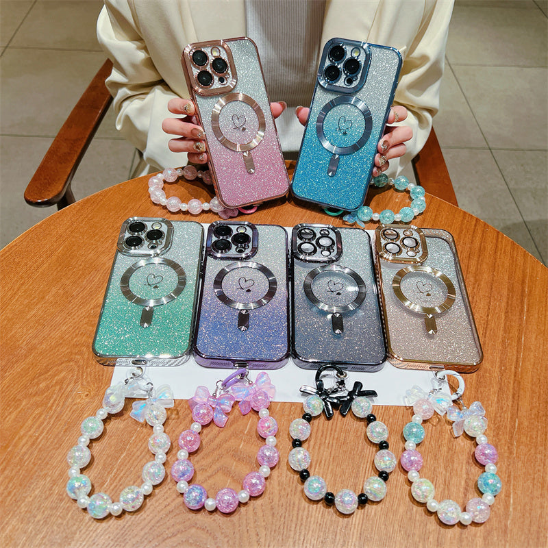 <tc>Luxury Crossbody Lanyard Gradient Glitter Magnetic Case iPhone Case | MagSafe Case with Camera Lens Protection Cover for Apple iPhone 17/17 Air/16/16e/15/14/13 Pro Max Plus | Armor Soft TPU Plating Phone Case | Premium Protection</tc>