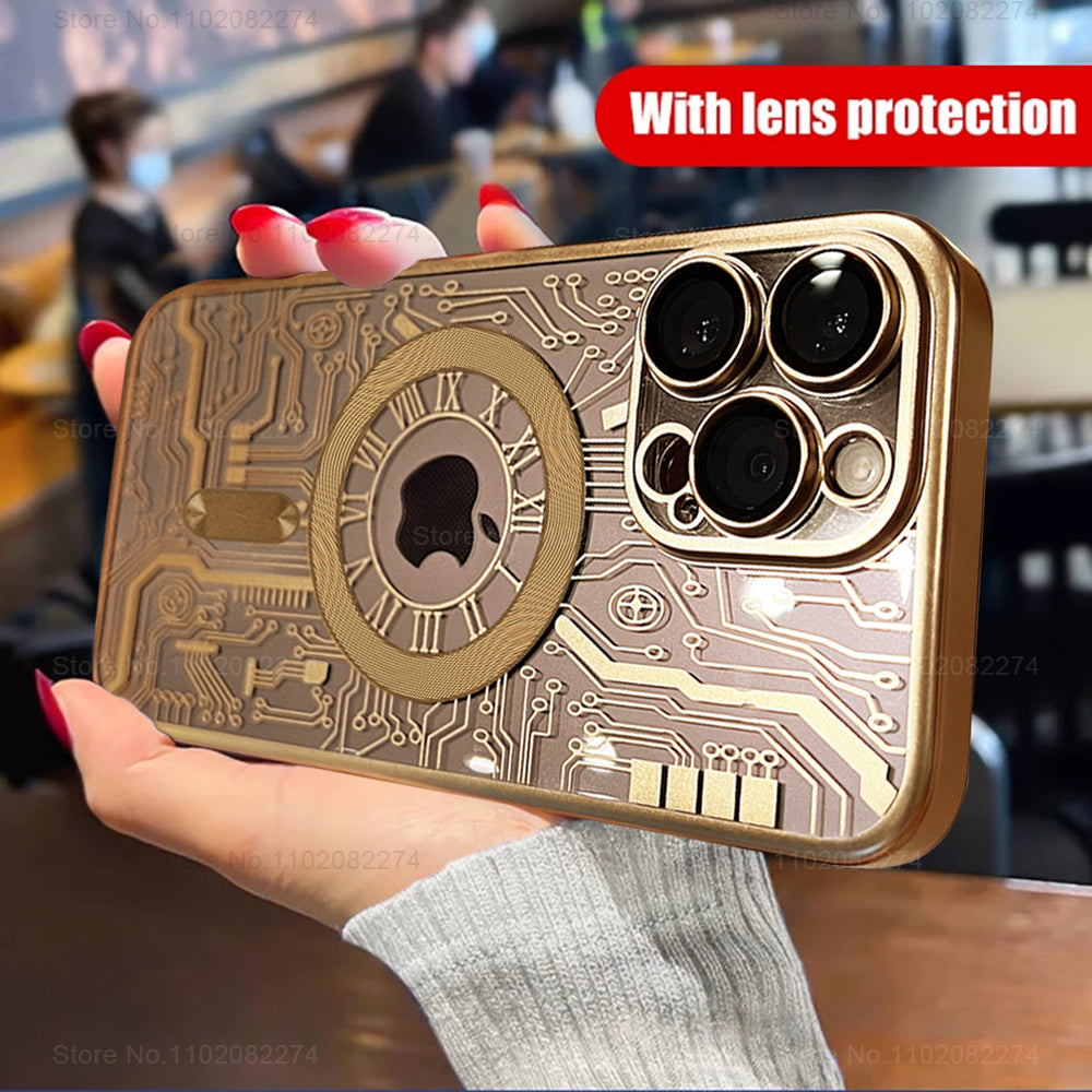Premium Mechanical Watch Texture Design Magnetic MagSafe Transparent iPhone Case | 360-Degree Protection & Camera Lens Protection Case for Apple iPhone 16/15/14/13/12 Pro Max, Pro, Plus, e & Mini Cover | Shockproof Phone Case with Armor Shell Bumper Cover