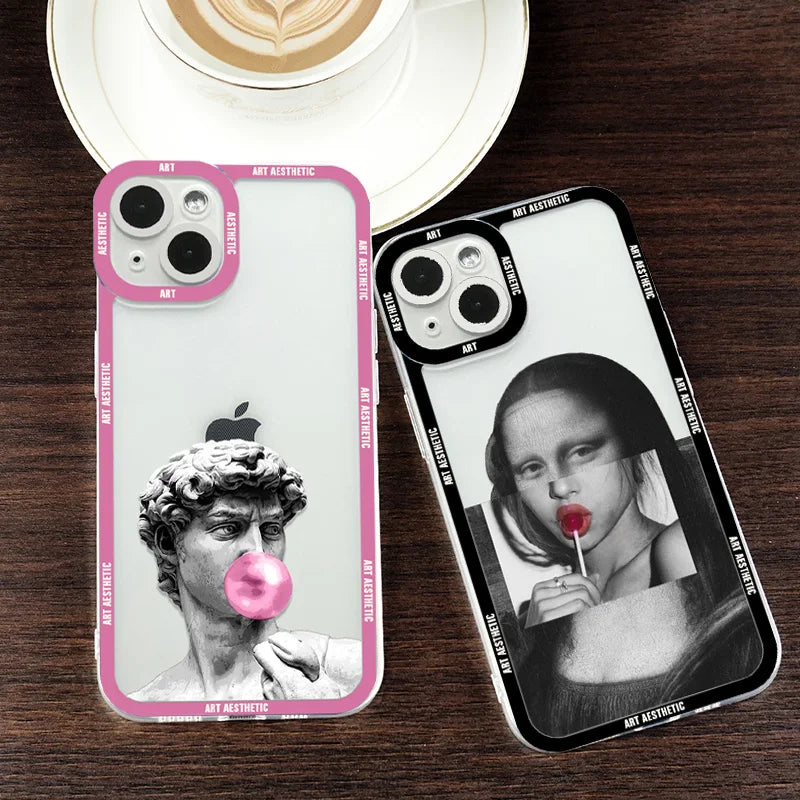 Premium Artistic Aesthetic History Design: 'David & Mona Lisa' Clear iPhone Case | MagSafe Case 360-Degree Prtection & Camera Lens Cover for Apple iPhone 16/15/14/13/12 Pro Max, Pro, Plus, e & Mini Cover | Shockproof Phone Case with Armor & Bumper