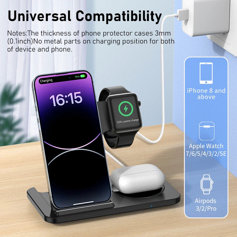 3 in 1 Wireless Fast Charging Station 30W Foldable Charger LED Stand: Charging Device MagSafe Docking Station for Smartphones, Apple iPhone, Samsung, iOS & Android Watch, AirPods