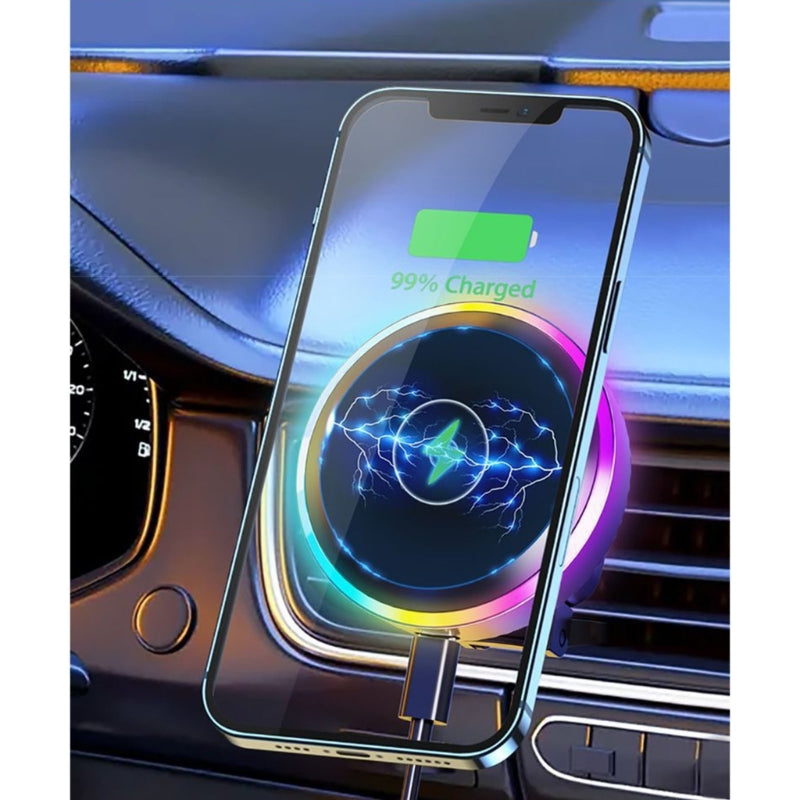 Premium RGB Magnetic Car Phone Holder and Qi 15W Wireless Charger for Smartphones, Apple iPhone, Samsung, iOS & Android | Universal Phone Holder & Charger