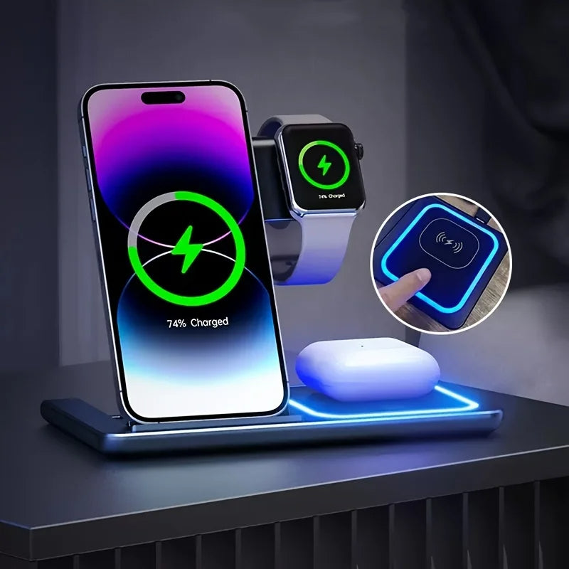 3 in 1 Wireless Fast Charging Station 30W Foldable Charger LED Stand: Charging Device MagSafe Docking Station for Smartphones, Apple iPhone, Samsung, iOS & Android Watch, AirPods