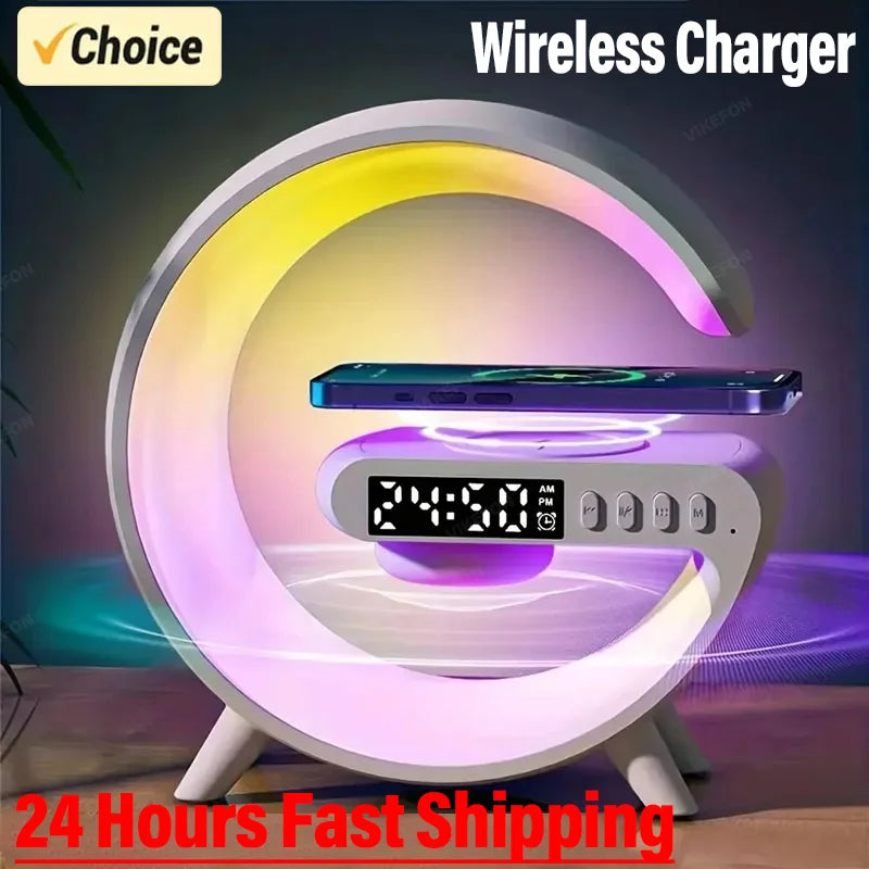Universal RGB Charging Station LED Wireless Lamp Charger Alarm Clock Bluetooth Speaker | Charging Dock USB C Smartphones, Apple iPhone, Samsung, iOS & Android