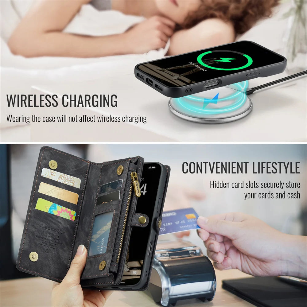 High-Quality 2-in-1 Detachable Leather Wallet Flip Stand iPhone Case | MagSafe Compatible with Full Protection and Camera Lens Cover for Apple iPhone 16/15/14/13/12 Pro Max Plus Mini | Armor Protective Wallet Case