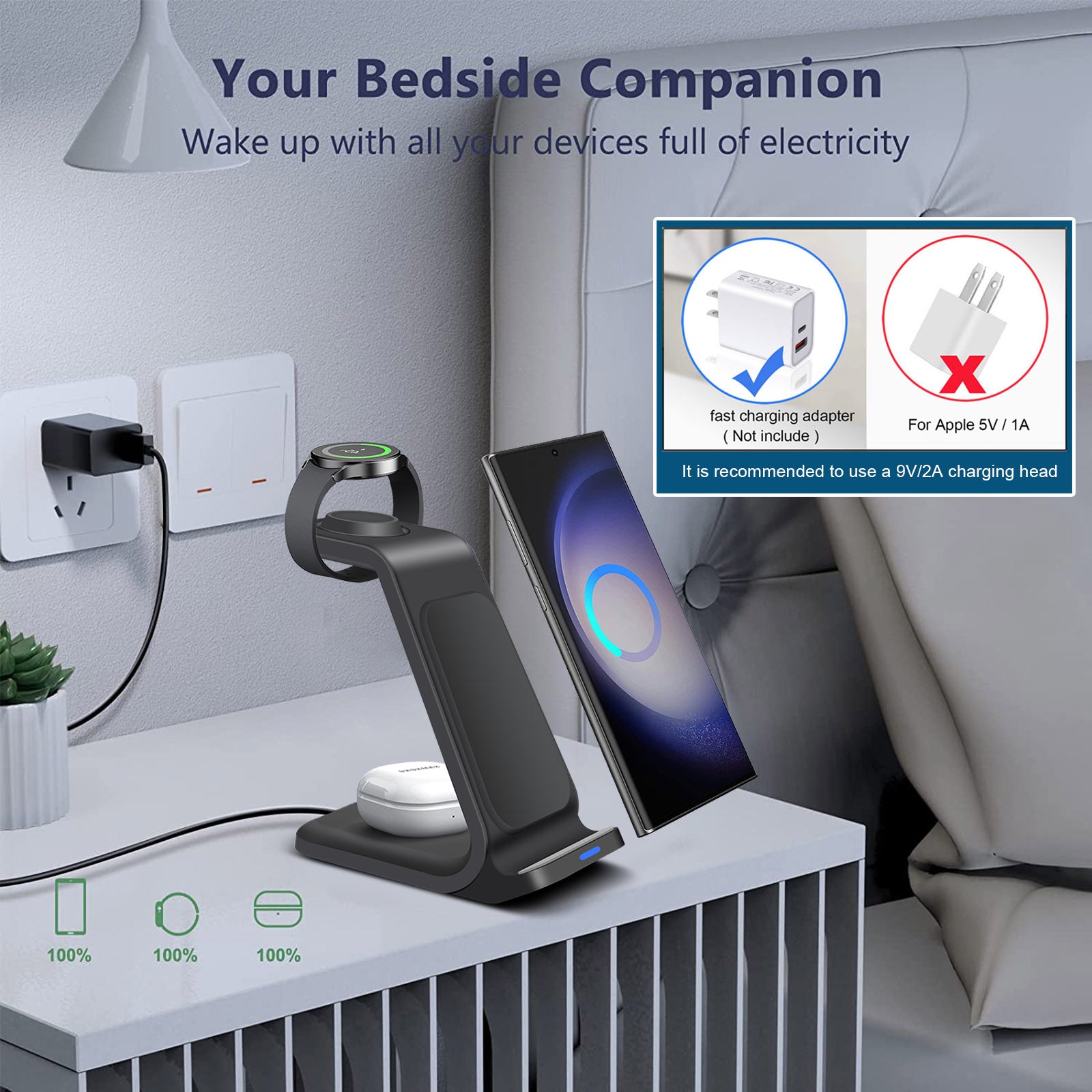 3-in-1 Wireless Charging Station Smartphones, Apple iPhone, Samsung, iOS & Android Watch, AirPods Charger | Magnetic Fast Charging Docking Station 20W Wireless Charging Stand