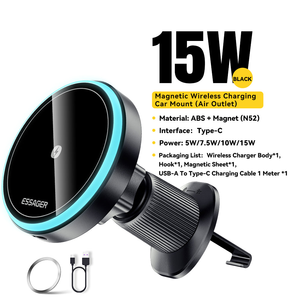 Premium RGB Magnetic Car Phone Holder and Qi 15W Wireless Charger for Smartphones, Apple iPhone, Samsung, iOS & Android | Universal Phone Holder & Charger