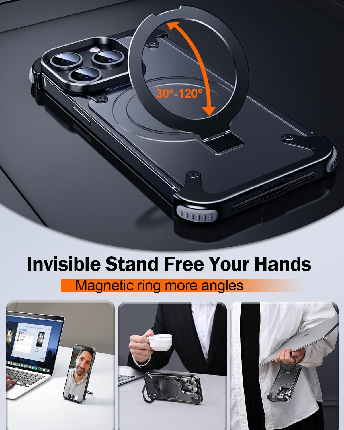 Premium Ultra-Thin Magnetic Frameless Matte Metal Aluminum Stand iPhone Case | MagSafe Case with 360-Degree Protection & Camera Lens Cover for Apple iPhone 16/15/14/13/12 Pro Max, Pro, Plus, e & Mini Cover | Shockproof Armor Case & Bumper Protective Cover