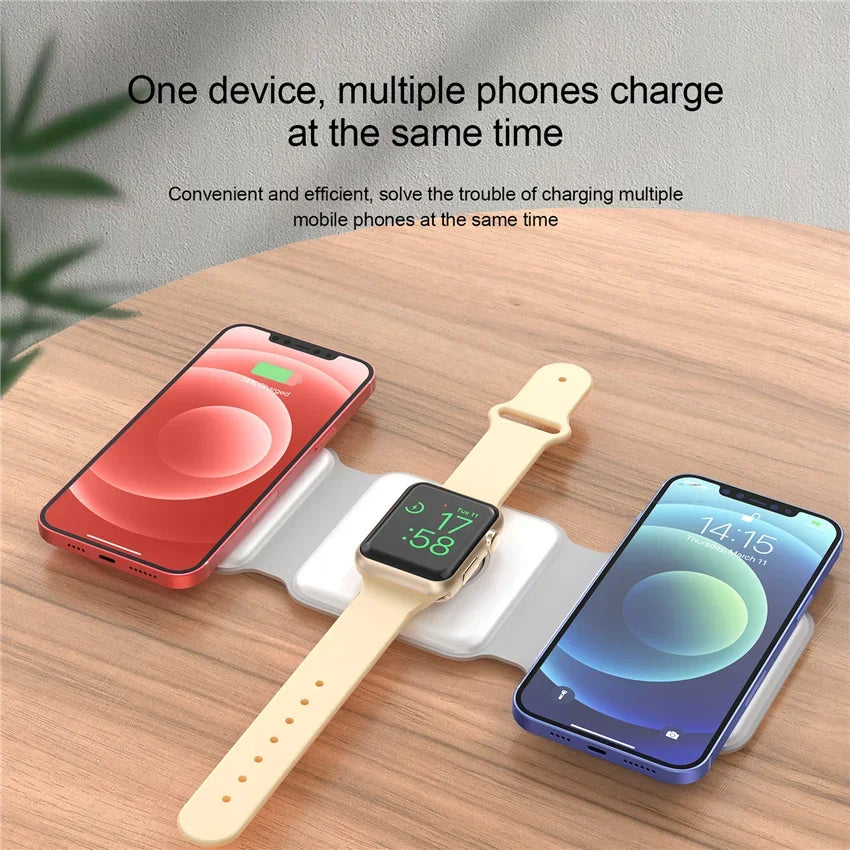 3-in-1 Foldable Fast Charging Station, Double Magnetic 15W Wireless Charger MagSafe | Portable Docking Station for Smartphones, Apple iPhone, Samsung, iOS & Android, AirPods, Watch