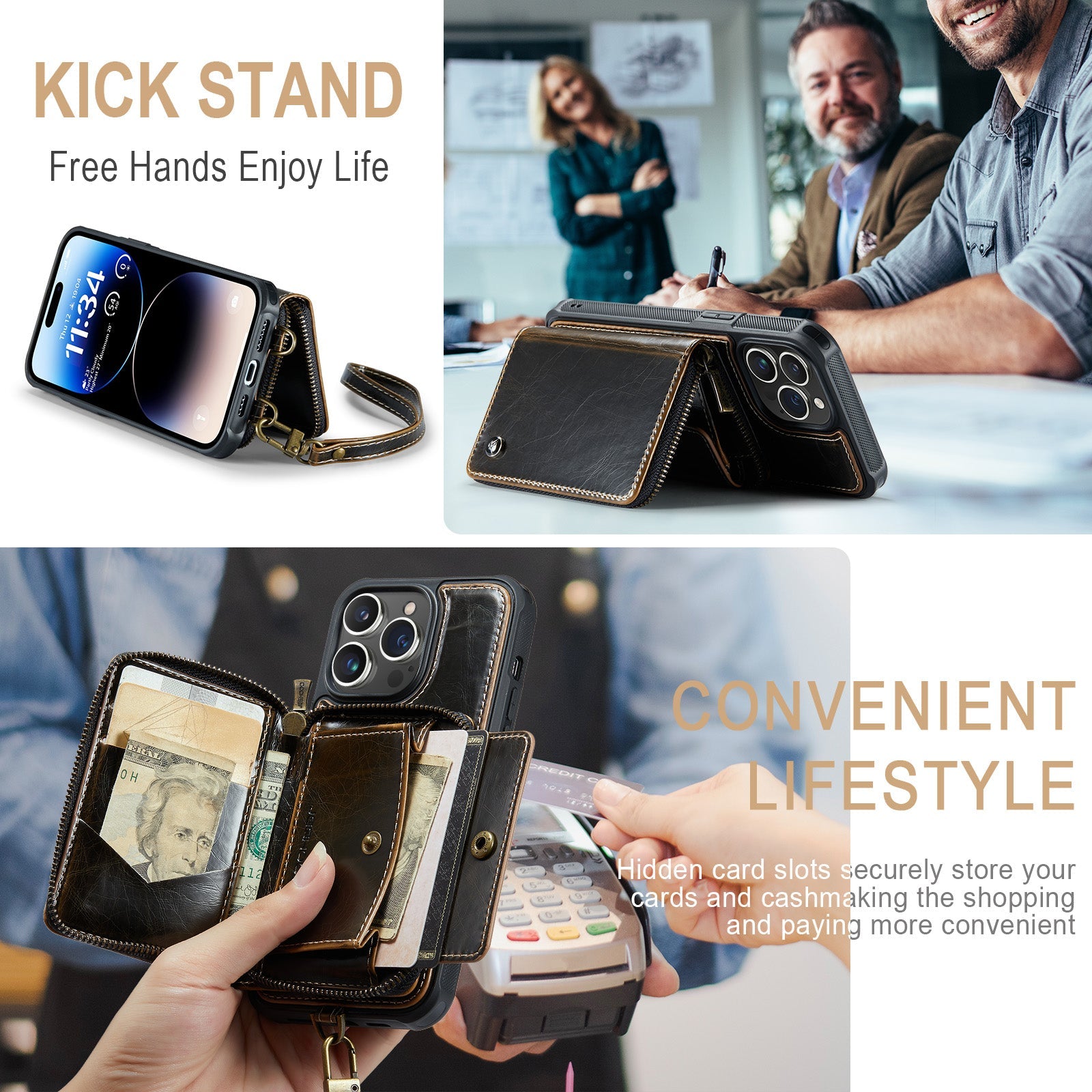 Luxury Leather Wallet Crossbody iPhone Case – Premium MagSafe phone chain & wallet case with card slot, stand function & strap, 360° shockproof protection, slim leather cover, keeps everything organized – perfect for outdoors & workdays