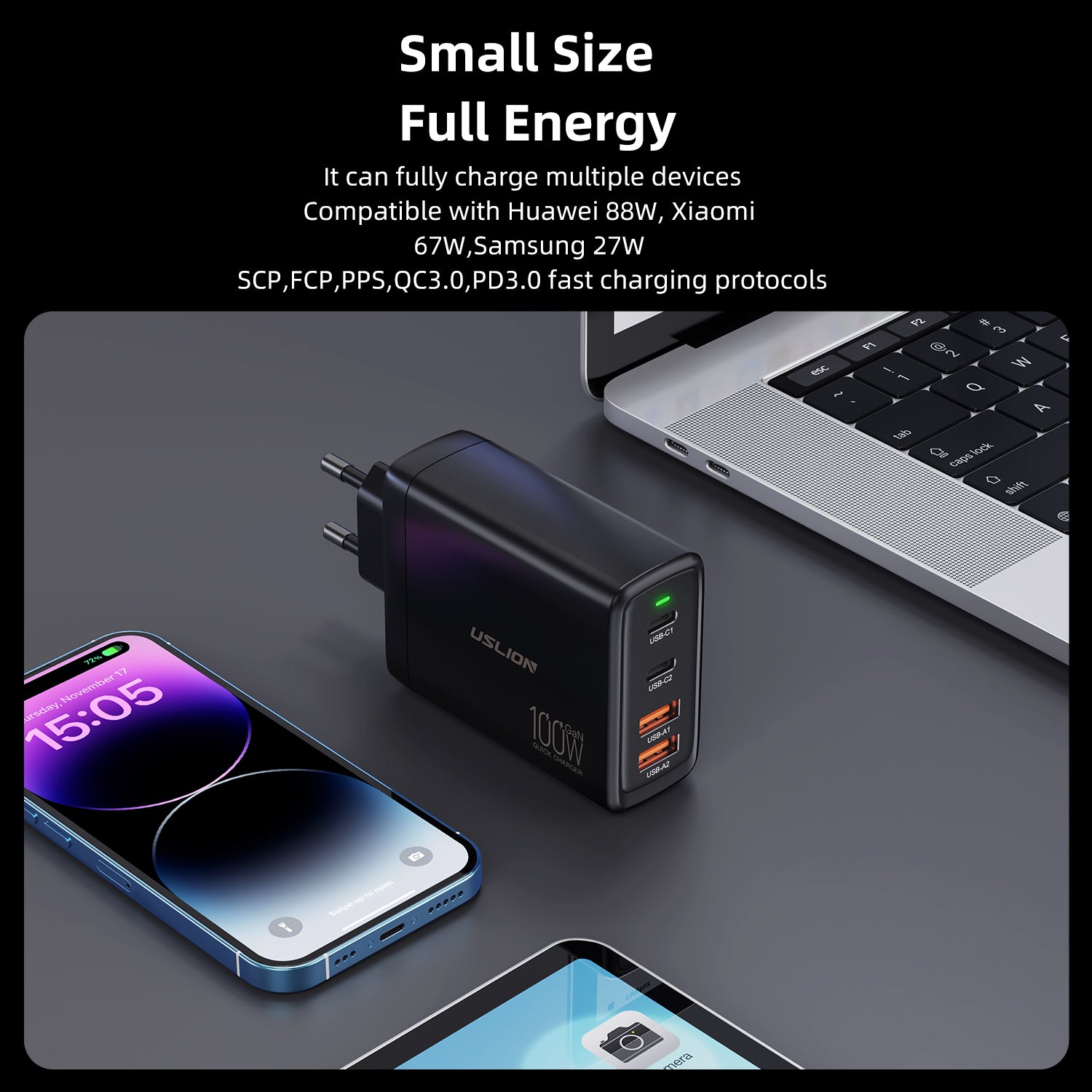 Premium 65W Gan Charger Desktop Fast Charger | 4-in-1 Laptop & Mobile Adapter for Smartphones, Apple iPhone, Samsung, iOS & Android - Fast Charging