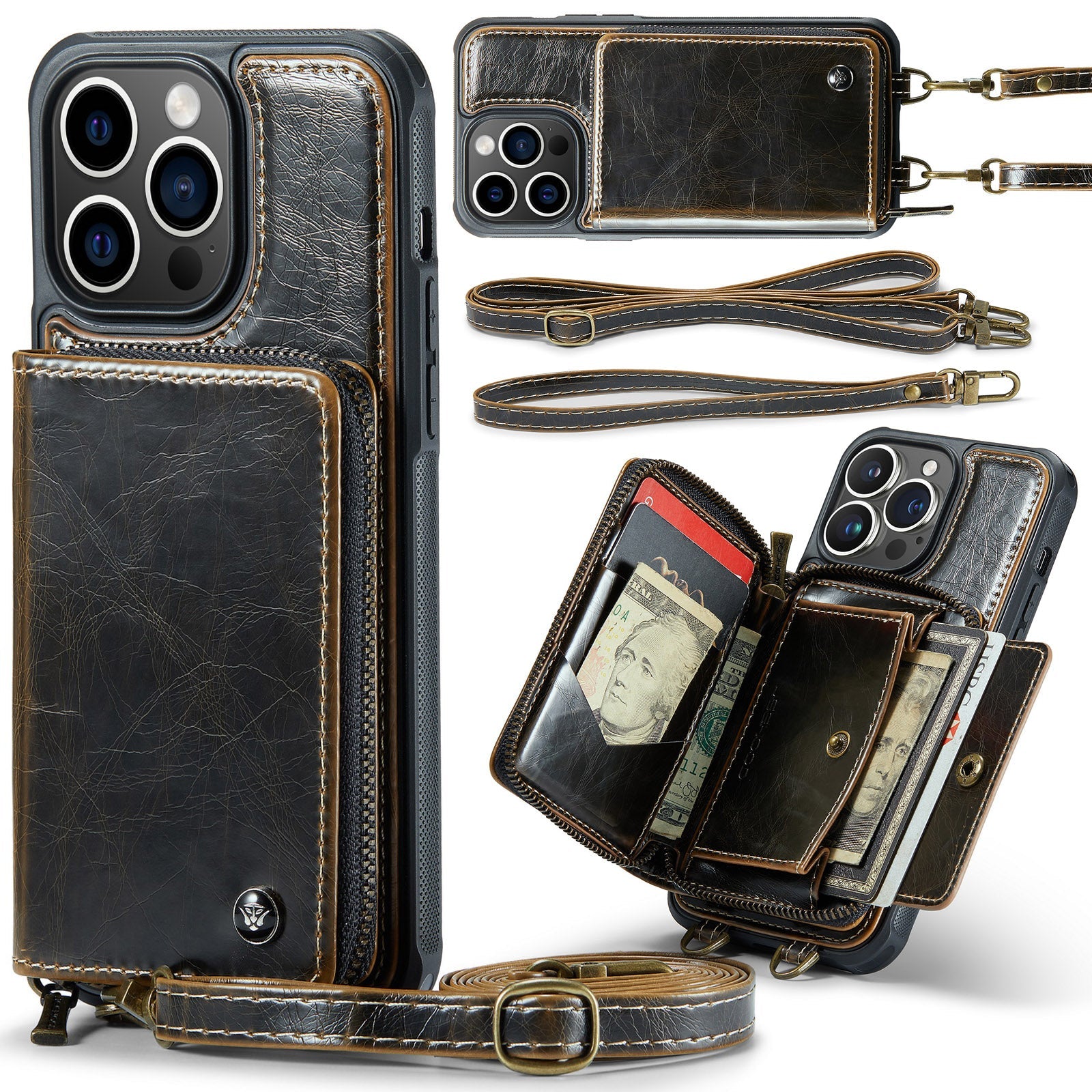 Luxury Leather Wallet Crossbody iPhone Case – Premium MagSafe phone chain & wallet case with card slot, stand function & strap, 360° shockproof protection, slim leather cover, keeps everything organized – perfect for outdoors & workdays