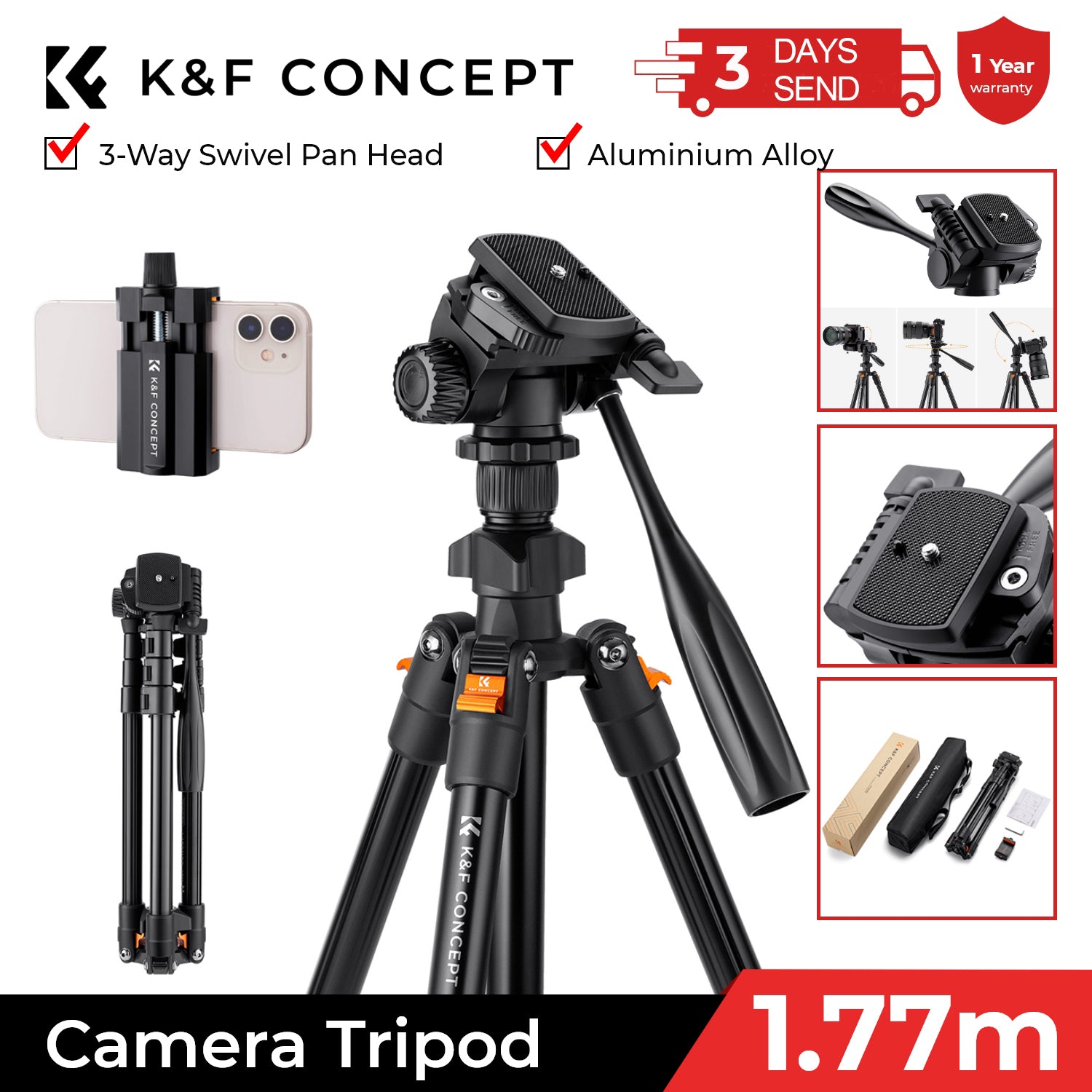 NA-3120 Telefon Stativ 40 Zoll für Gopro iPhone Samsung Xiaomi Huawei - Hochwertiges Aluminium Reise Tripode Par