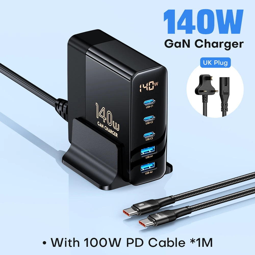 140W GaN Fast Charger: Premium Desktop Charging Station | 5 USB Ports Charging Station Docking Station ASOMETECH | Laptop, MacBook, Smartphones, Apple iPhone, Samsung, iOS & Android
