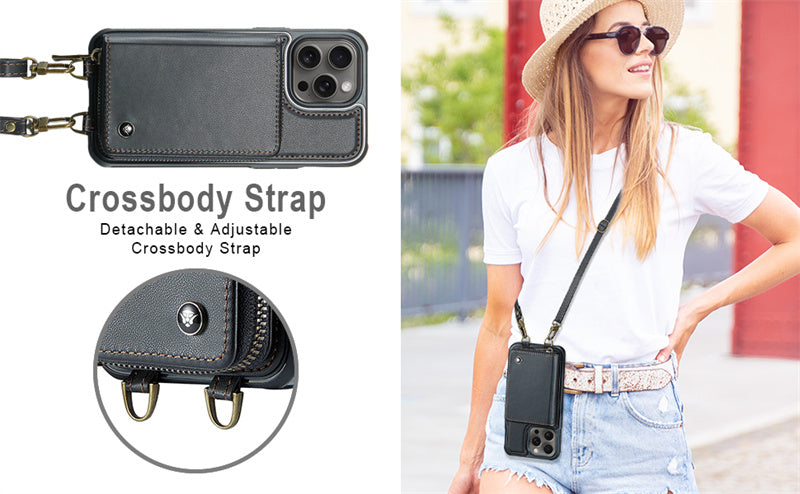 Luxury Leather Wallet Crossbody iPhone Case – Premium MagSafe phone chain & wallet case with card slot, stand function & strap, 360° shockproof protection, slim leather cover, keeps everything organized – perfect for outdoors & workdays
