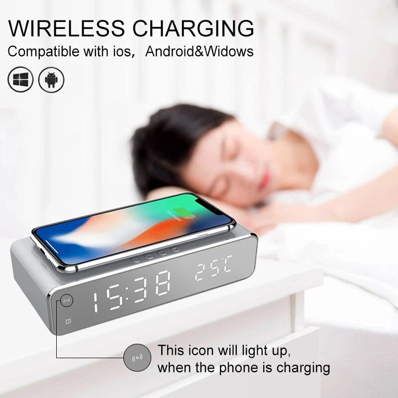 Kabellose Ladestation Wecker LED-Schnellladestation Handy Ladegerät Wireless Charging Station Apple iPhone, Samsung, Android
