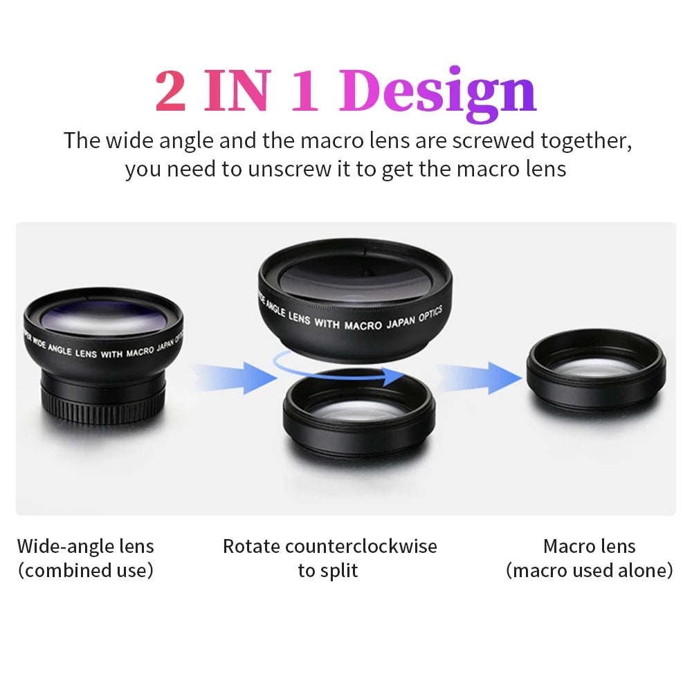 Hochwertiges 2-in-1 Universal-Clip 37mm Handyobjektiv: 0,45x 49UV Super-Weitwinkel + Makro HD, für Smartphones |