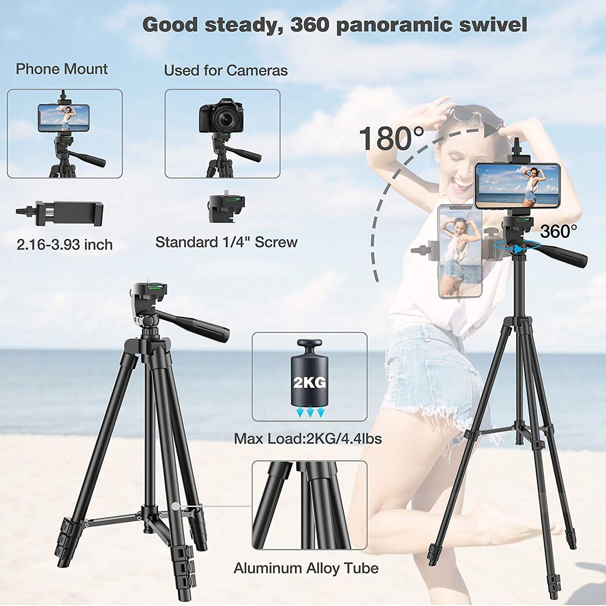 NA-3120 Telefon Stativ 40 Zoll für Gopro iPhone Samsung Xiaomi Huawei - Hochwertiges Aluminium Reise Tripode Par