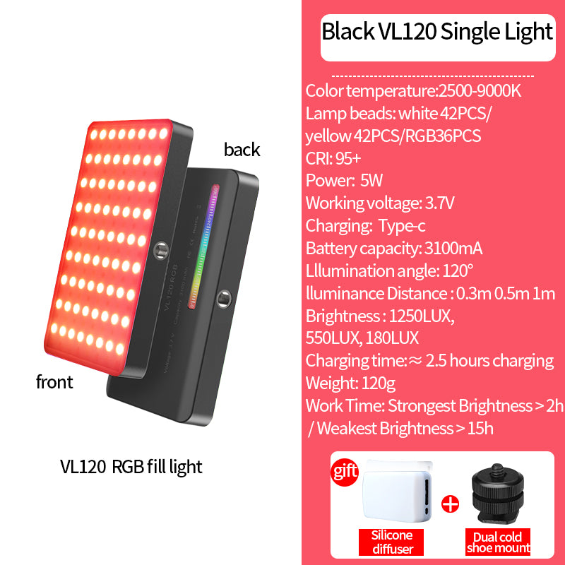 Luxus VL120 RGB LED Videolicht für Kamera, Apple iPhone 15/14/13/12/11 Pro Max Plus Mini, Samsung, Android, Vollfarbig,
