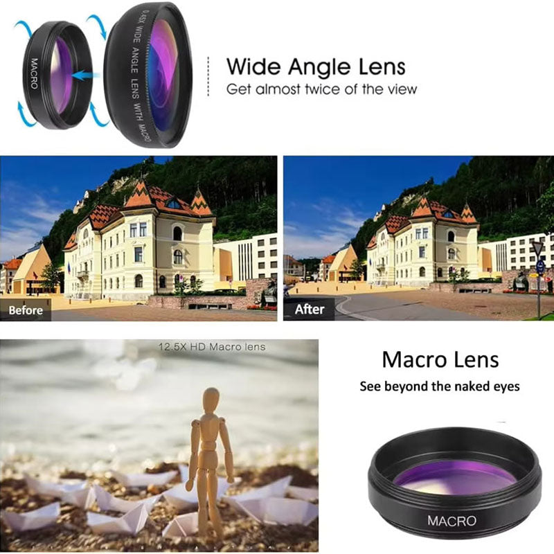 Hochwertiges 2-in-1 Universal-Clip 37mm Handyobjektiv: 0,45x 49UV Super-Weitwinkel + Makro HD, für Smartphones |