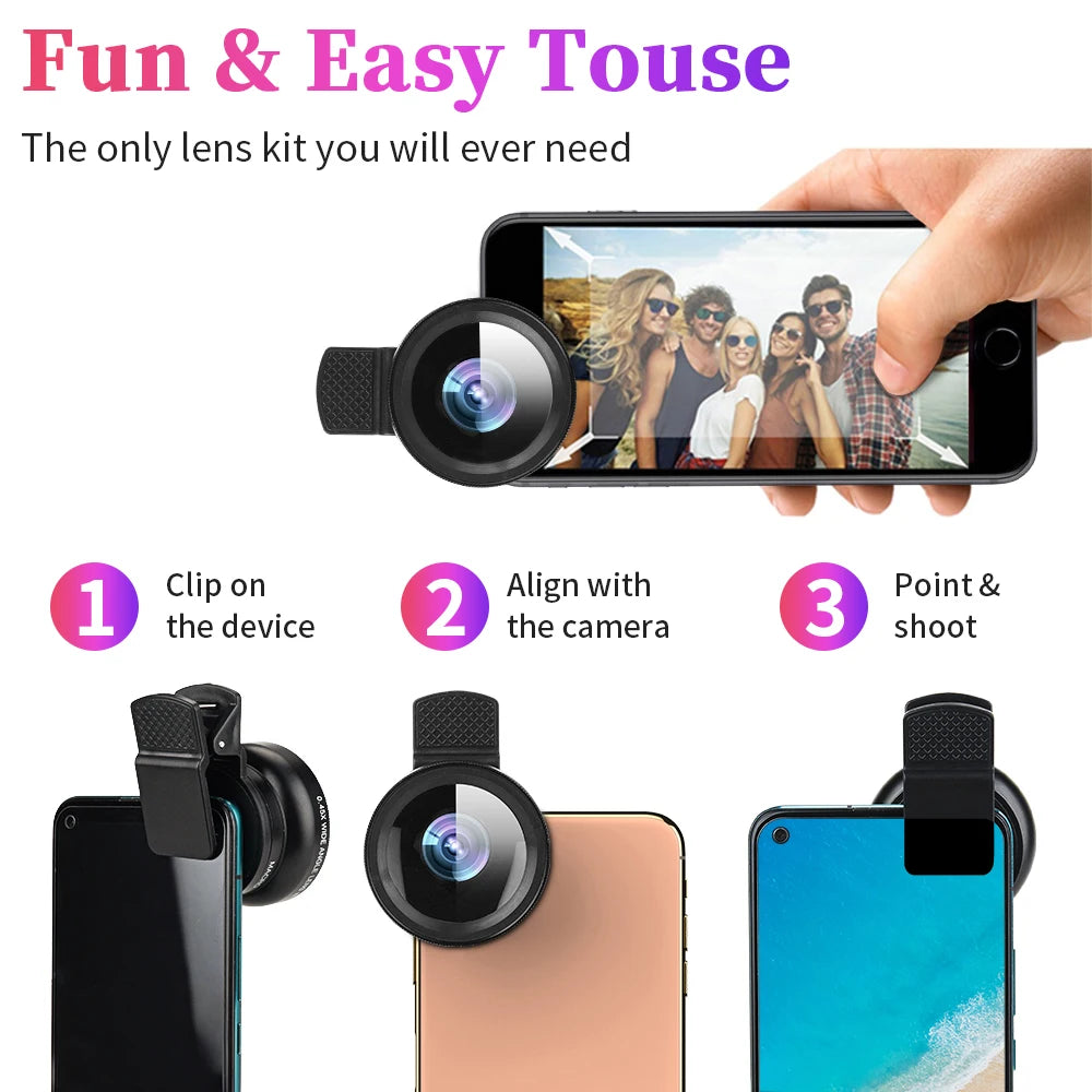 Hochwertiges 2-in-1 Universal-Clip 37mm Handyobjektiv: 0,45x 49UV Super-Weitwinkel + Makro HD, für Smartphones |