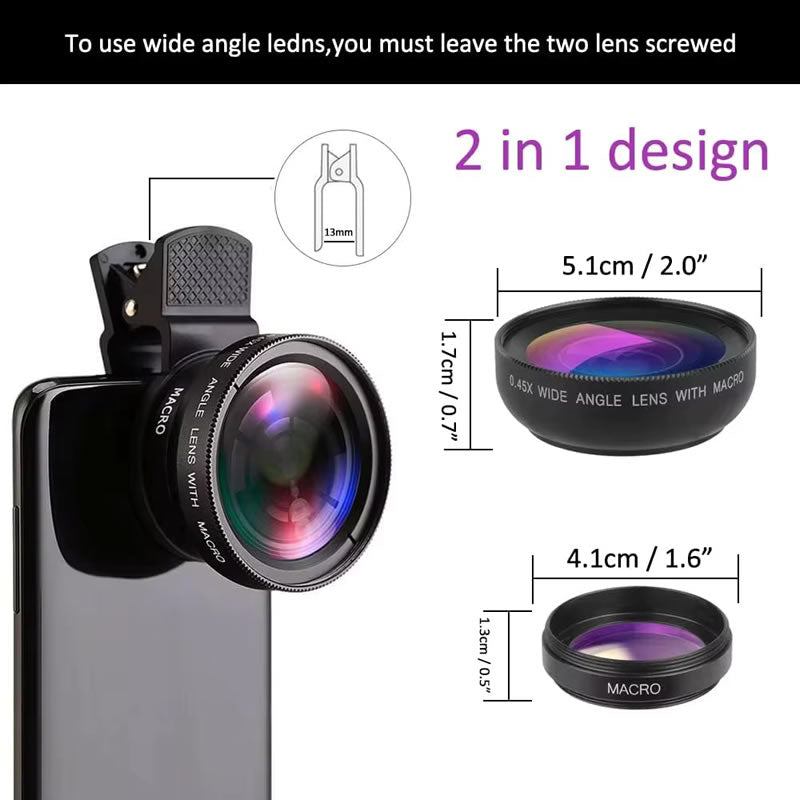 Hochwertiges 2-in-1 Universal-Clip 37mm Handyobjektiv: 0,45x 49UV Super-Weitwinkel + Makro HD, für Smartphones |