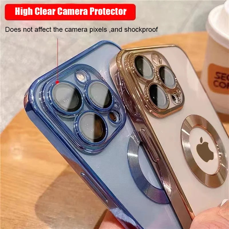 Luxury Apple iPhone Case | MagSafe Compatible, Camera Lens Protection, Screen Protection | Ultra Thin, Shockproof, Magnetic, Full All-Around Protection Cover – Crystal Clear Glass, Plated Edges, Silicone Design, Durable & Elegant