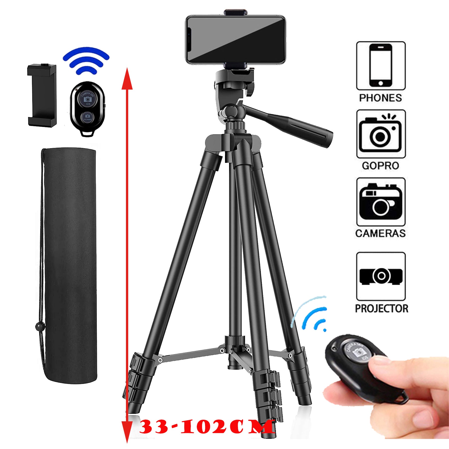 NA-3120 Telefon Stativ 40 Zoll für Gopro iPhone Samsung Xiaomi Huawei - Hochwertiges Aluminium Reise Tripode Par
