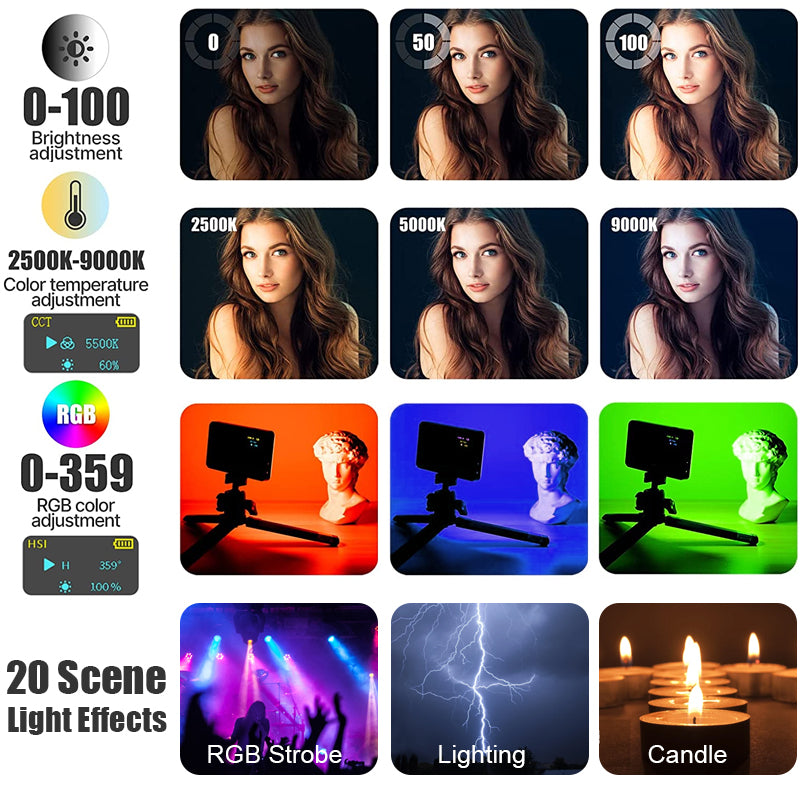 Luxus VL120 RGB LED Videolicht für Kamera, Apple iPhone 15/14/13/12/11 Pro Max Plus Mini, Samsung, Android, Vollfarbig,
