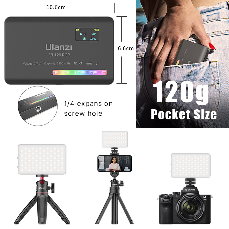 Luxus VL120 RGB LED Videolicht für Kamera, Apple iPhone 15/14/13/12/11 Pro Max Plus Mini, Samsung, Android, Vollfarbig,