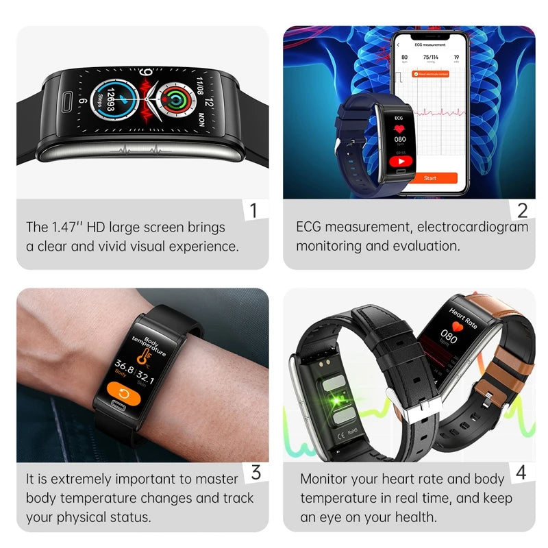 Premium High-Quality Non-Invasive Blood Glucose ECG + PPG Health Smart Band – IP68 Waterproof Sports Smartwatch, Blood Sugar Monitoring for Men & Women | Heart Rate, Sleep Tracking, Step Counter, Call, App Notifications | iOS & Android – Unisex
