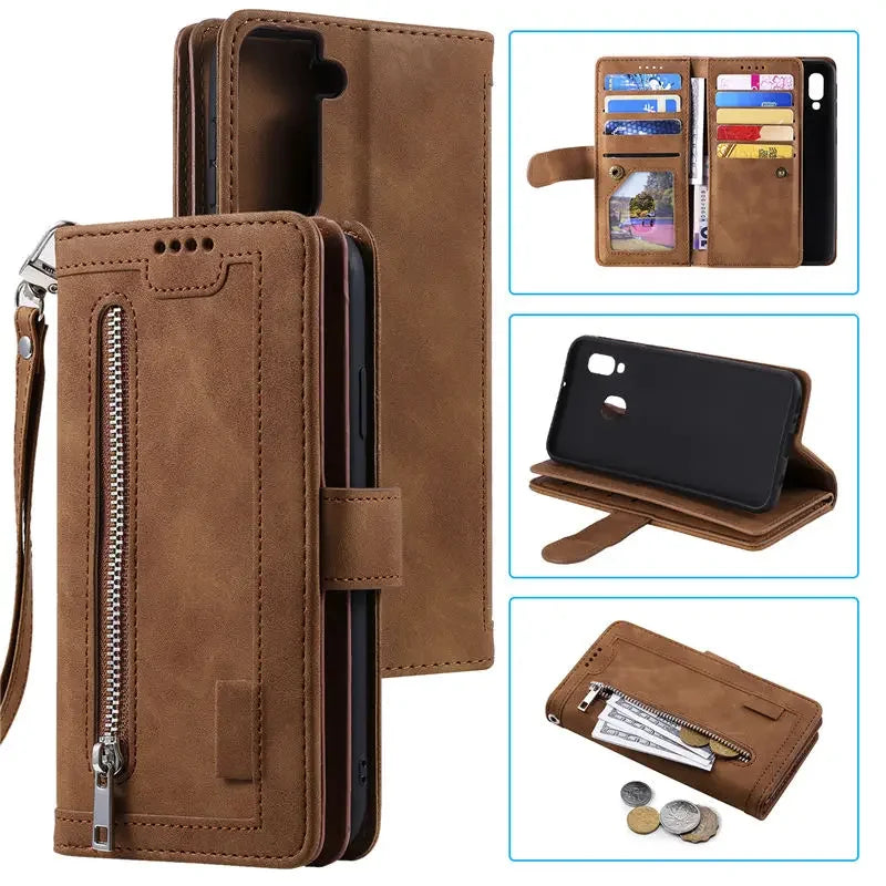 High-Quality Leather iPhone Case with Zipper, Card Holder, Stand, and Strap | Flip Cover Case for Apple iPhone 16/16e, 15, 14, 13, 12 Pro Max, Pro, Plus & Mini - Versatile Protective Cover