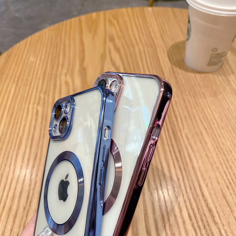 Luxury Apple iPhone Case | MagSafe Compatible, Camera Lens Protection, Screen Protection | Ultra Thin, Shockproof, Magnetic, Full All-Around Protection Cover – Crystal Clear Glass, Plated Edges, Silicone Design, Durable & Elegant