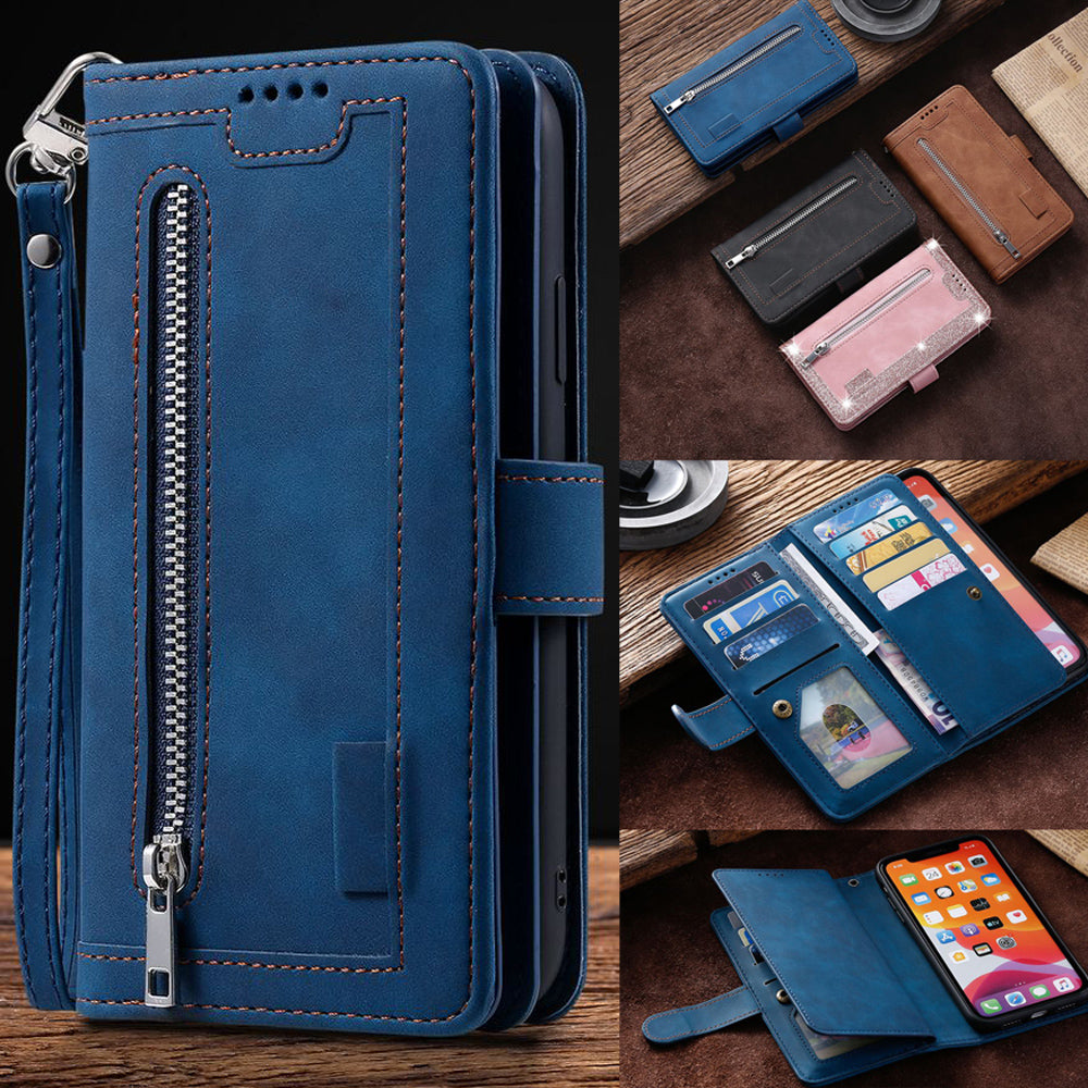 High-Quality Leather iPhone Case with Zipper, Card Holder, Stand, and Strap | Flip Cover Case for Apple iPhone 16/16e, 15, 14, 13, 12 Pro Max, Pro, Plus & Mini - Versatile Protective Cover