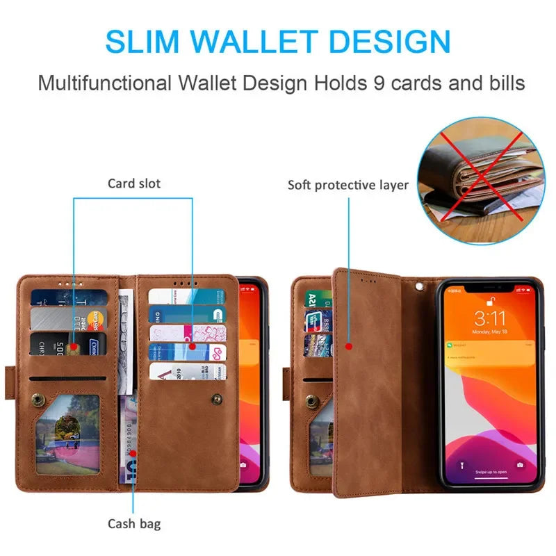 High-Quality Leather iPhone Case with Zipper, Card Holder, Stand, and Strap | Flip Cover Case for Apple iPhone 16/16e, 15, 14, 13, 12 Pro Max, Pro, Plus & Mini - Versatile Protective Cover