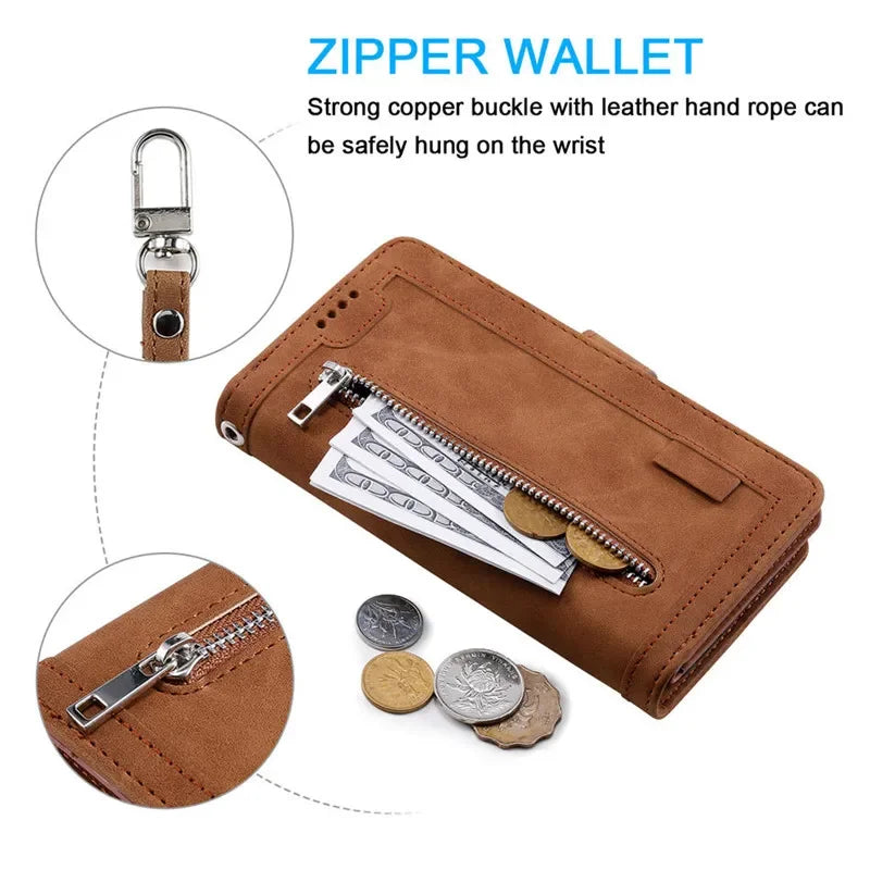 High-Quality Leather iPhone Case with Zipper, Card Holder, Stand, and Strap | Flip Cover Case for Apple iPhone 16/16e, 15, 14, 13, 12 Pro Max, Pro, Plus & Mini - Versatile Protective Cover