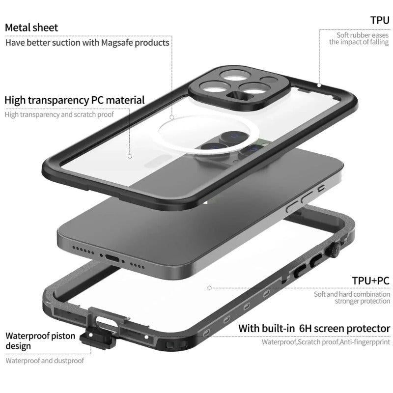 Premium IP68 Waterproof Magnetic Case with MagSafe for Apple iPhone 16/16e, 15, 14, 13, 12 Pro Max, Pro, Plus & Mini: 360° Full Protection Case, Military Armor Design | Dustproof, Shockproof Cover with Camera Protection | Ideal for Diving and Swimming