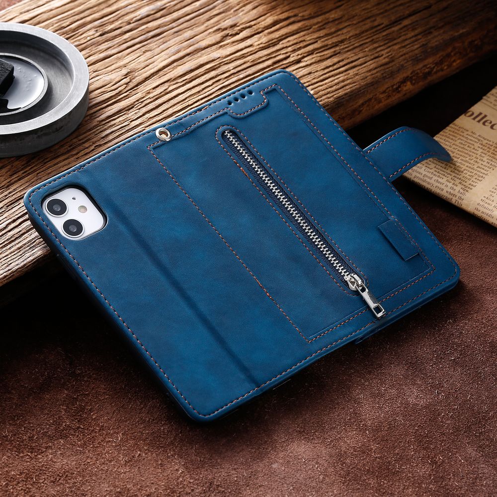 High-Quality Leather iPhone Case with Zipper, Card Holder, Stand, and Strap | Flip Cover Case for Apple iPhone 16/16e, 15, 14, 13, 12 Pro Max, Pro, Plus & Mini - Versatile Protective Cover
