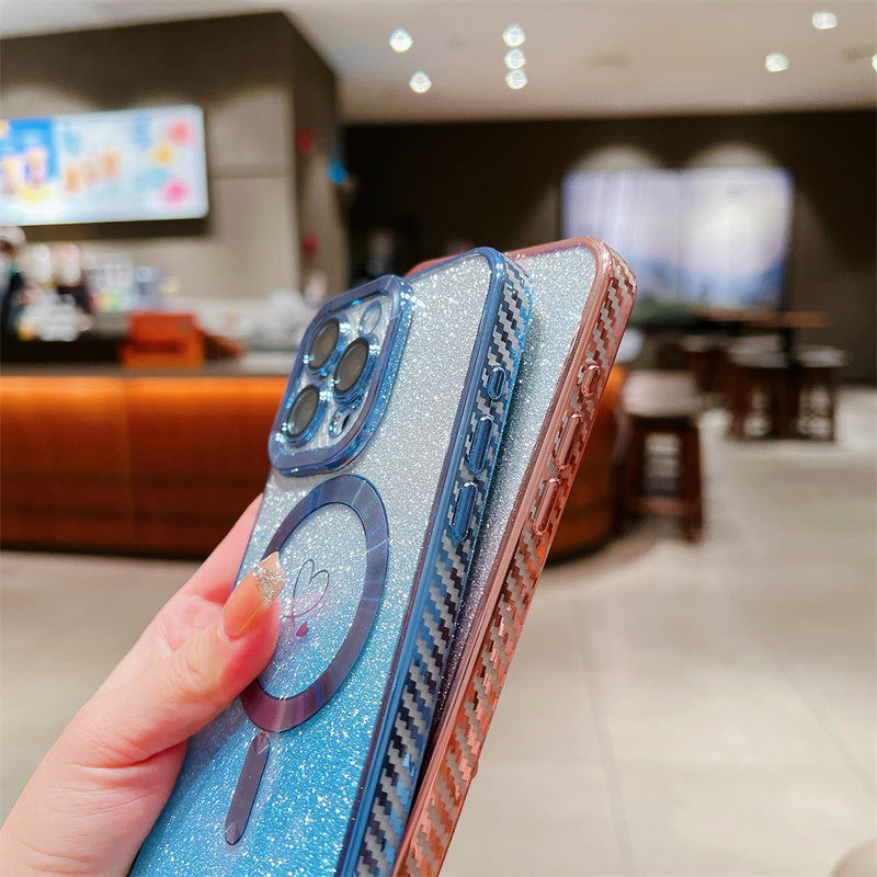 Luxury Crossbody Lanyard Gradient Glitter Magnetic Case iPhone Case | MagSafe Case with Camera Lens Protection Cover for Apple iPhone 16/15/14/13/12 Pro Max Plus Mini | Armor Soft TPU Plating Phone Case | Premium Protection
