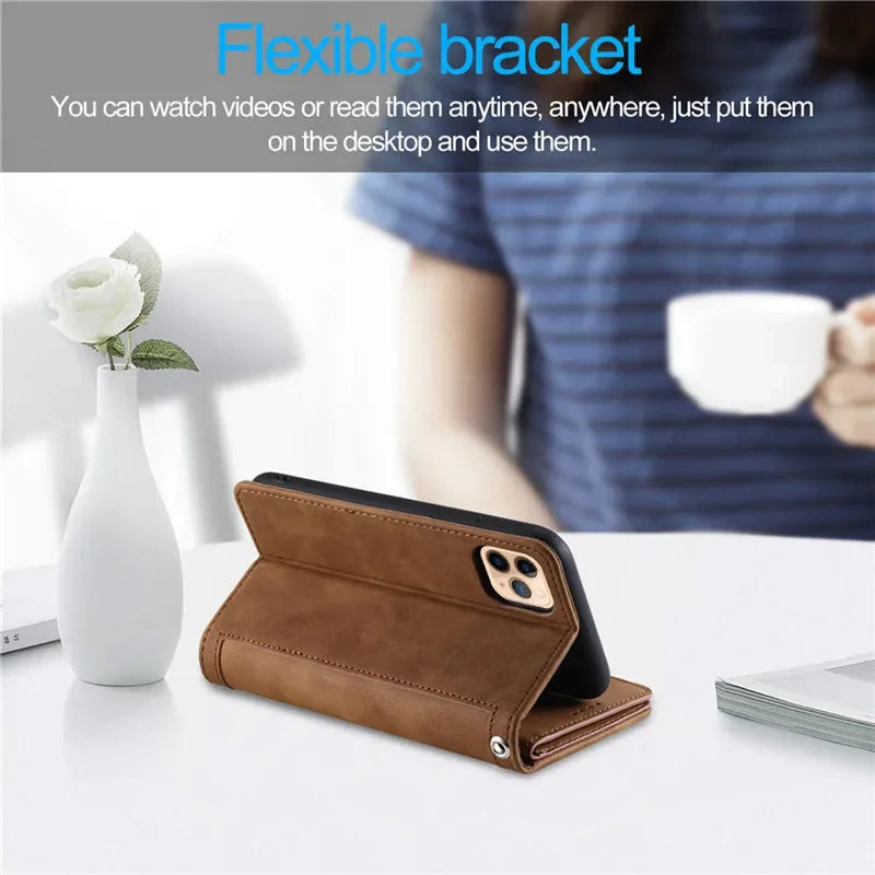 High-Quality Leather iPhone Case with Zipper, Card Holder, Stand, and Strap | Flip Cover Case for Apple iPhone 16/16e, 15, 14, 13, 12 Pro Max, Pro, Plus & Mini - Versatile Protective Cover