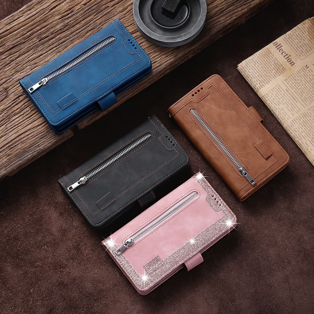 High-Quality Leather iPhone Case with Zipper, Card Holder, Stand, and Strap | Flip Cover Case for Apple iPhone 16/16e, 15, 14, 13, 12 Pro Max, Pro, Plus & Mini - Versatile Protective Cover