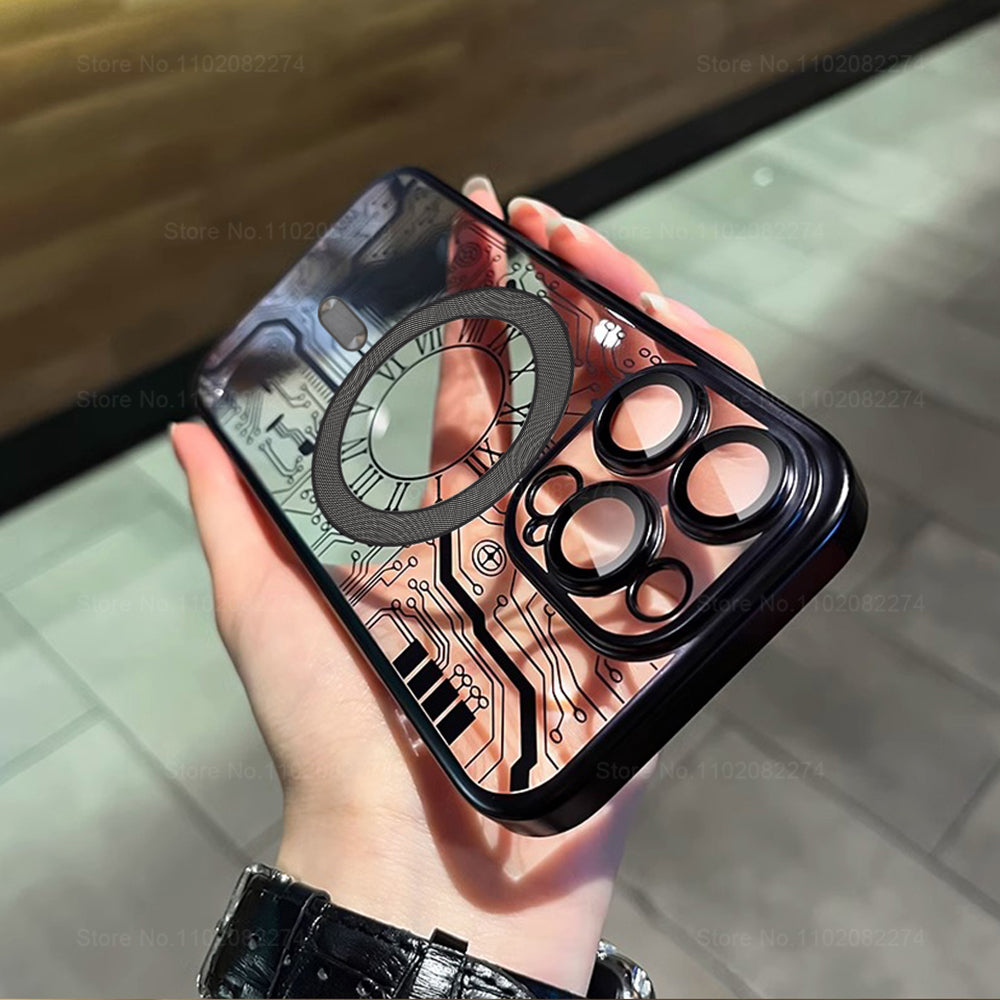 Premium Mechanical Watch Texture Design Magnetic MagSafe Transparent iPhone Case | 360-Degree Protection & Camera Lens Protection Case for Apple iPhone 16/15/14/13/12 Pro Max, Pro, Plus, e & Mini Cover | Shockproof Phone Case with Armor Shell Bumper Cover