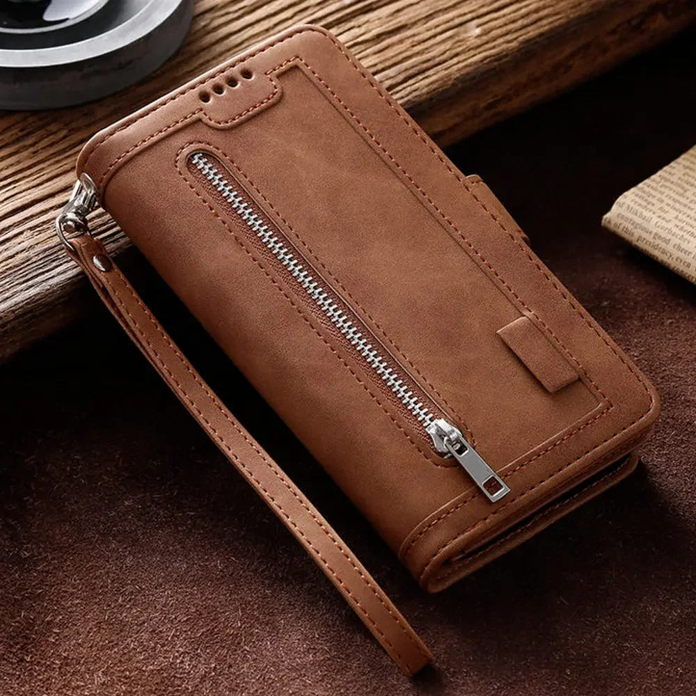 High-Quality Leather iPhone Case with Zipper, Card Holder, Stand, and Strap | Flip Cover Case for Apple iPhone 16/16e, 15, 14, 13, 12 Pro Max, Pro, Plus & Mini - Versatile Protective Cover