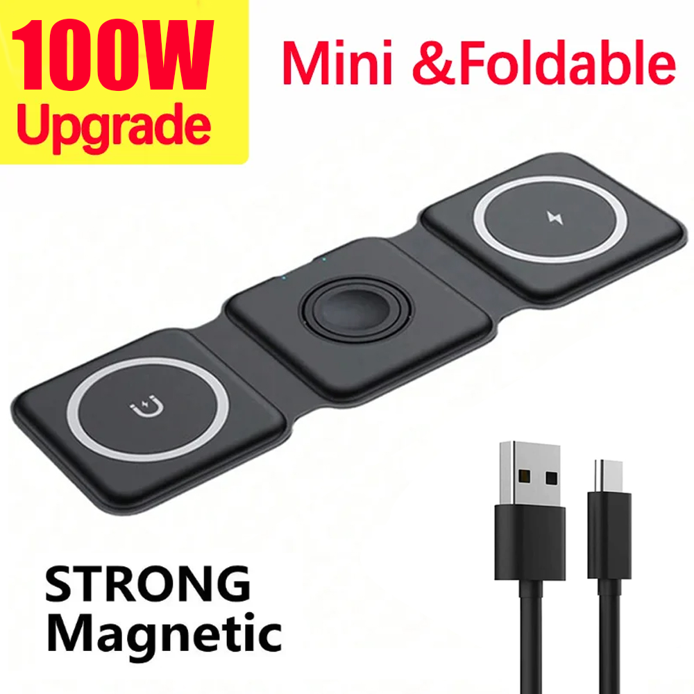 3 In 1 Foldable Magnetic Charging Station 15W Wireless Charger Aluminum Fast Charging Dock Wireless Charging Station for Smartphones, Apple iPhone, Samsung, iOS & Android